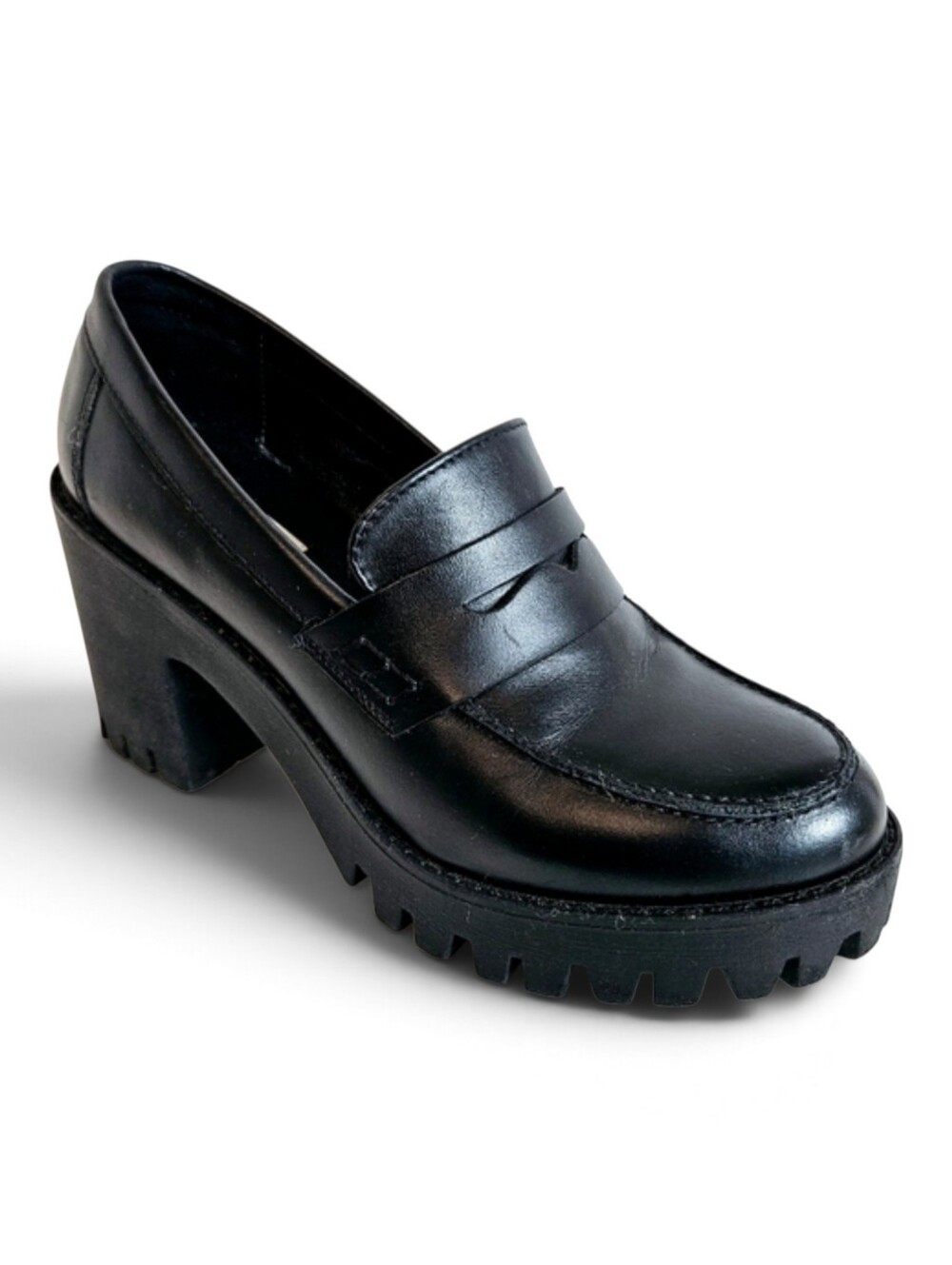 Steve Madden Loafers 8 Binary Leather Penny Chunky Lug Platform Heel Black 90s